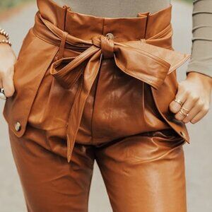 Fate Camel Faux Leather High Waist Pants Sz M Belted Tapered Leg NWT 27"